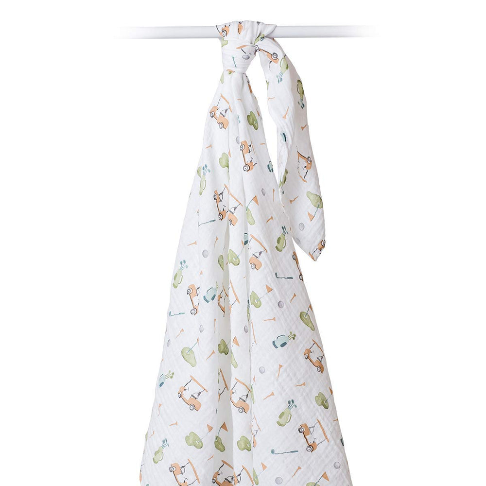 Lulujo Golf Swaddle pattern green beige showcases playful golf-inspired nursery style