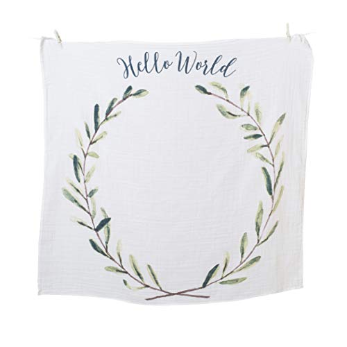 Lulujo Hello World laurel wreath design blanket serves as an elegant photo backdrop.