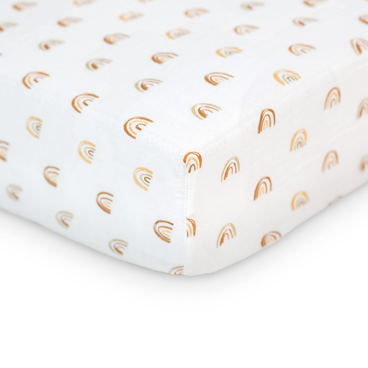 Lulujo Muslin Crib Sheet Rainbows close-up shows soft, breathable fabric for baby comfort.