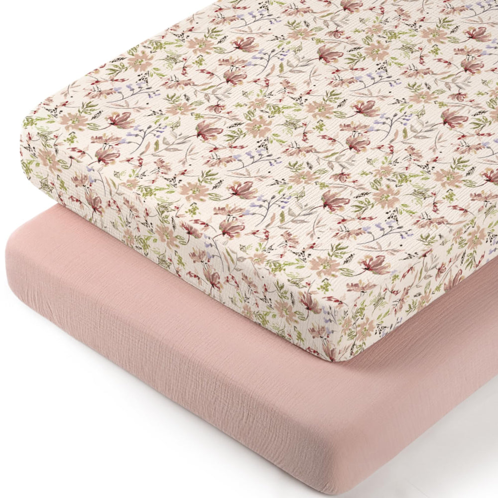 lulumoon baby bassinet sheets muslin floral closeup shows ultra soft fabric for delicate skin
