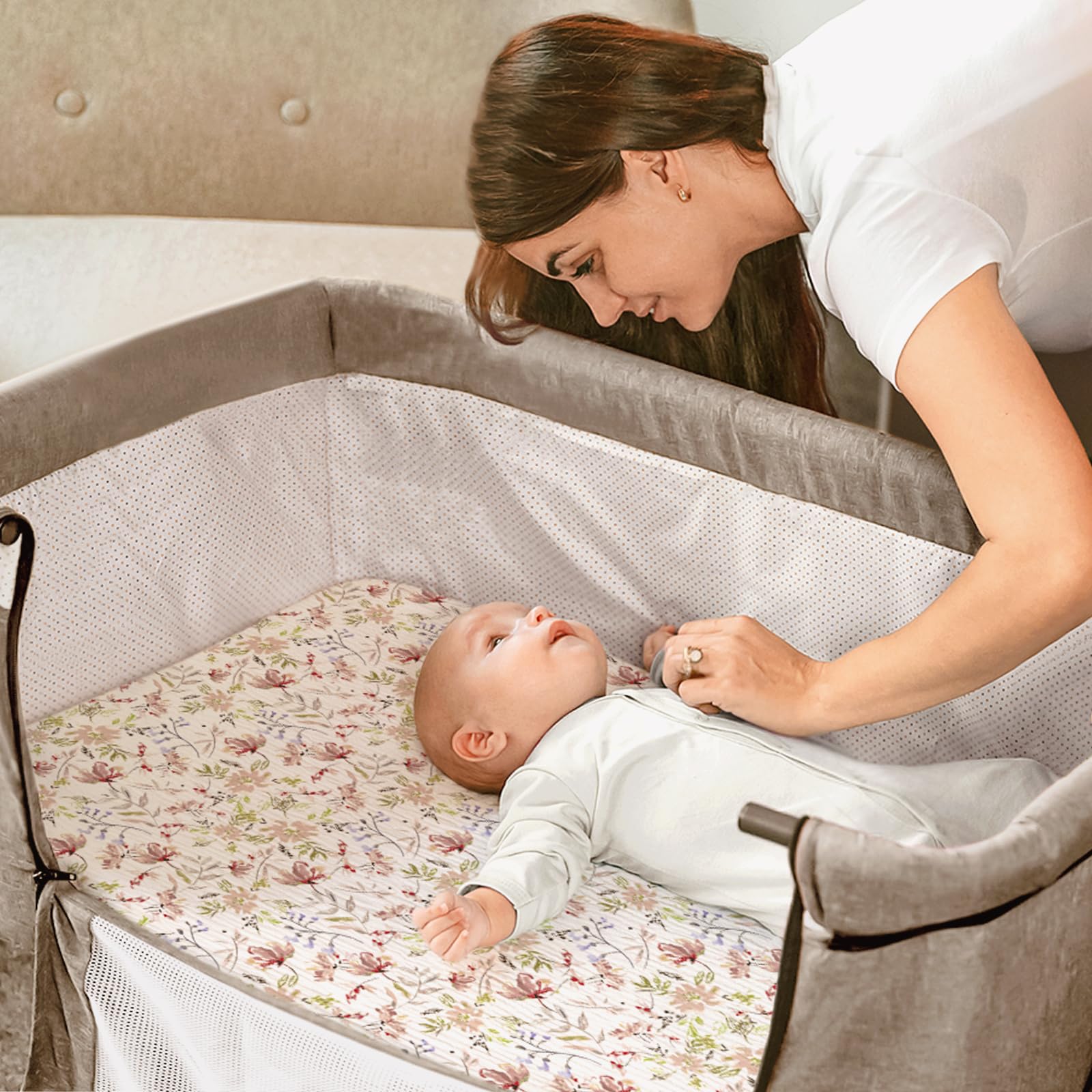 lulumoon baby bassinet sheets muslin nursery look showcases floral aesthetic for cozy room