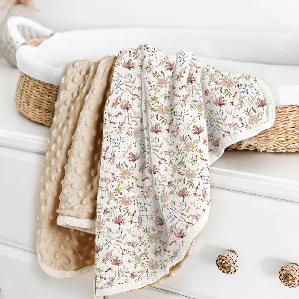 Lulumoon baby blanket floral front muslin-closeup highlights breathable fabric for day naps
