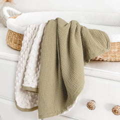 lulumoon baby blanket olive back view shows warm minky dot backing for soothing warmth.