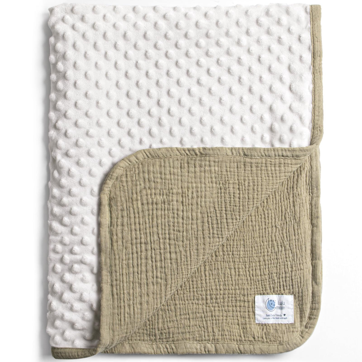lulumoon baby blanket olive front view shows textured muslin surface and cozy minky backing.