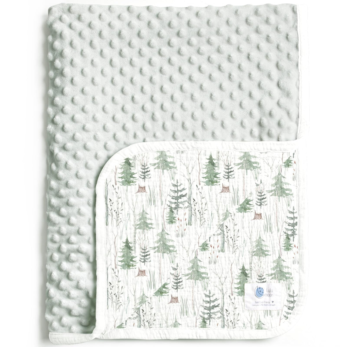 Lulumoon baby blanket pine print front provides cozy warmth for newborn strolls.