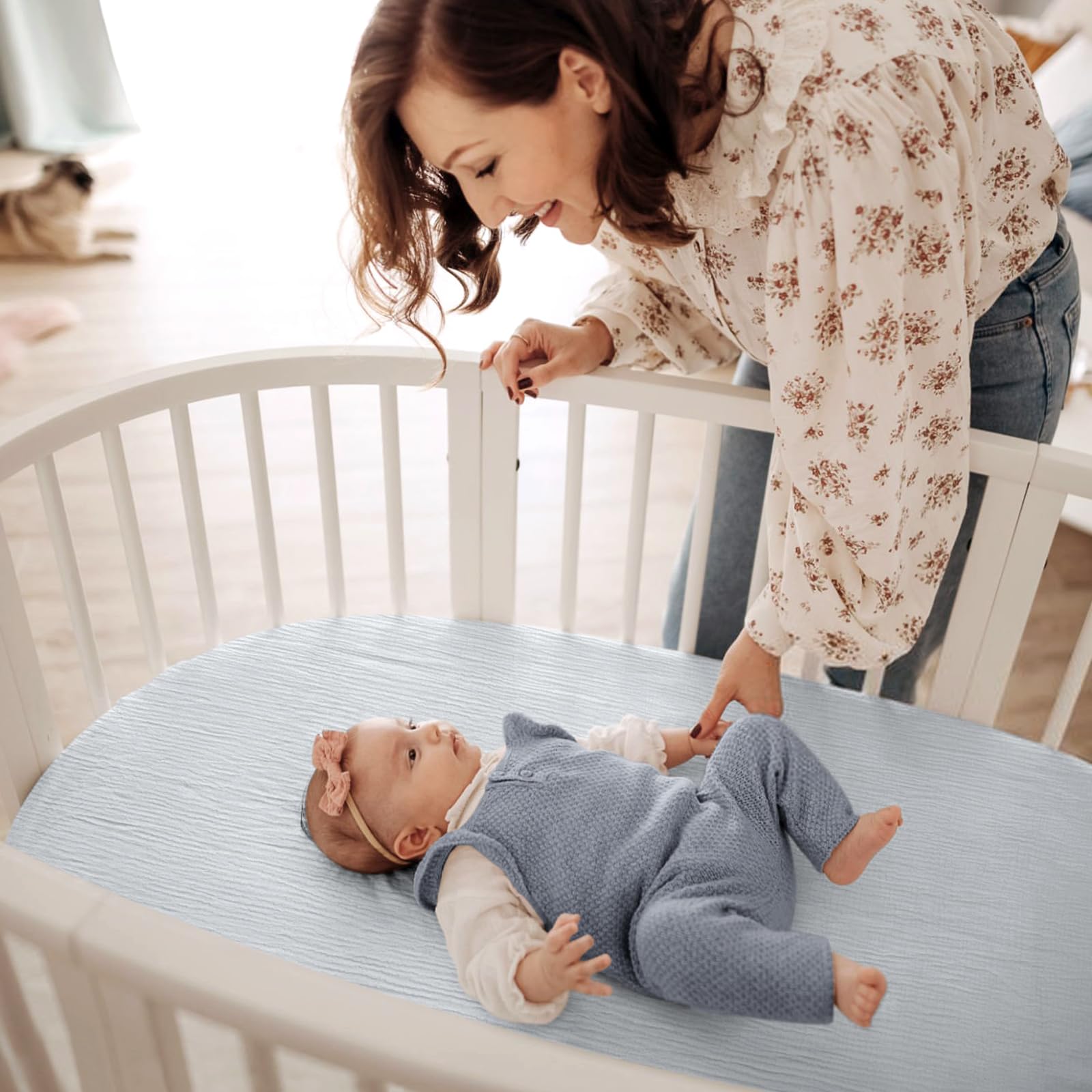 lulumoon baby muslin sheets universal fit shows mattress compatibility for oval, rectangle, hourglass