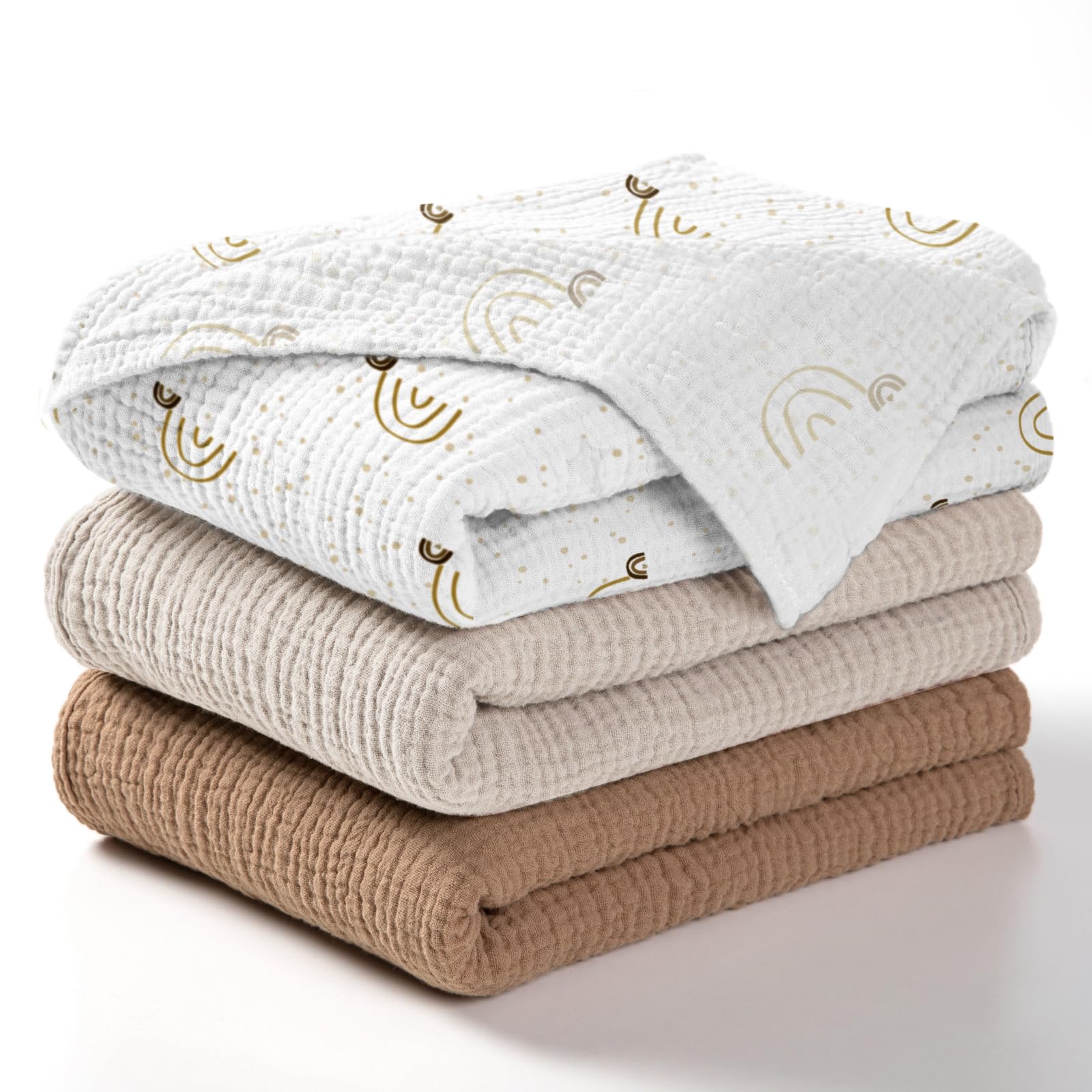 Lulumoon baby muslin swaddle blanket rainbow brown packaging shows gift-ready presentation.