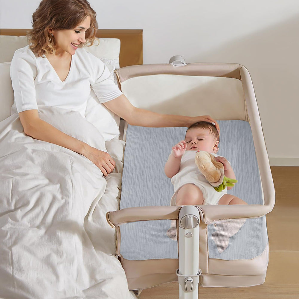Lulumoon bassinet sheets elastic edge keeps mattress in place during naps.