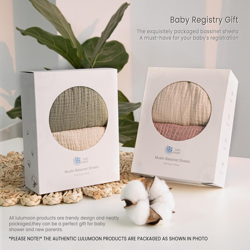 Lulumoon bassinet sheets for oval-rectangle-hourglass fits securely with premium elastic edge.