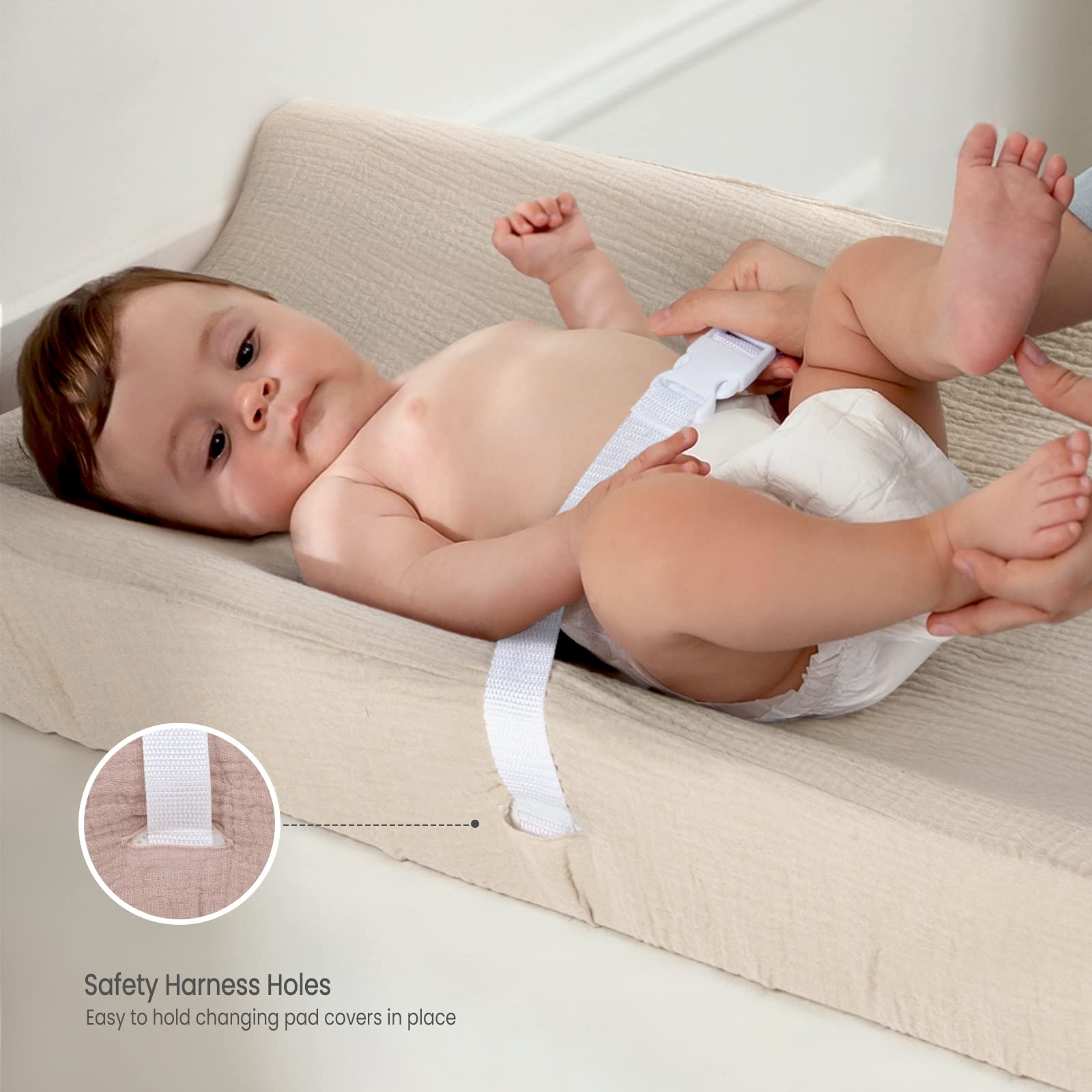 Lulumoon changing pad cover keeps baby secure with elastic bands and buckle strap holes