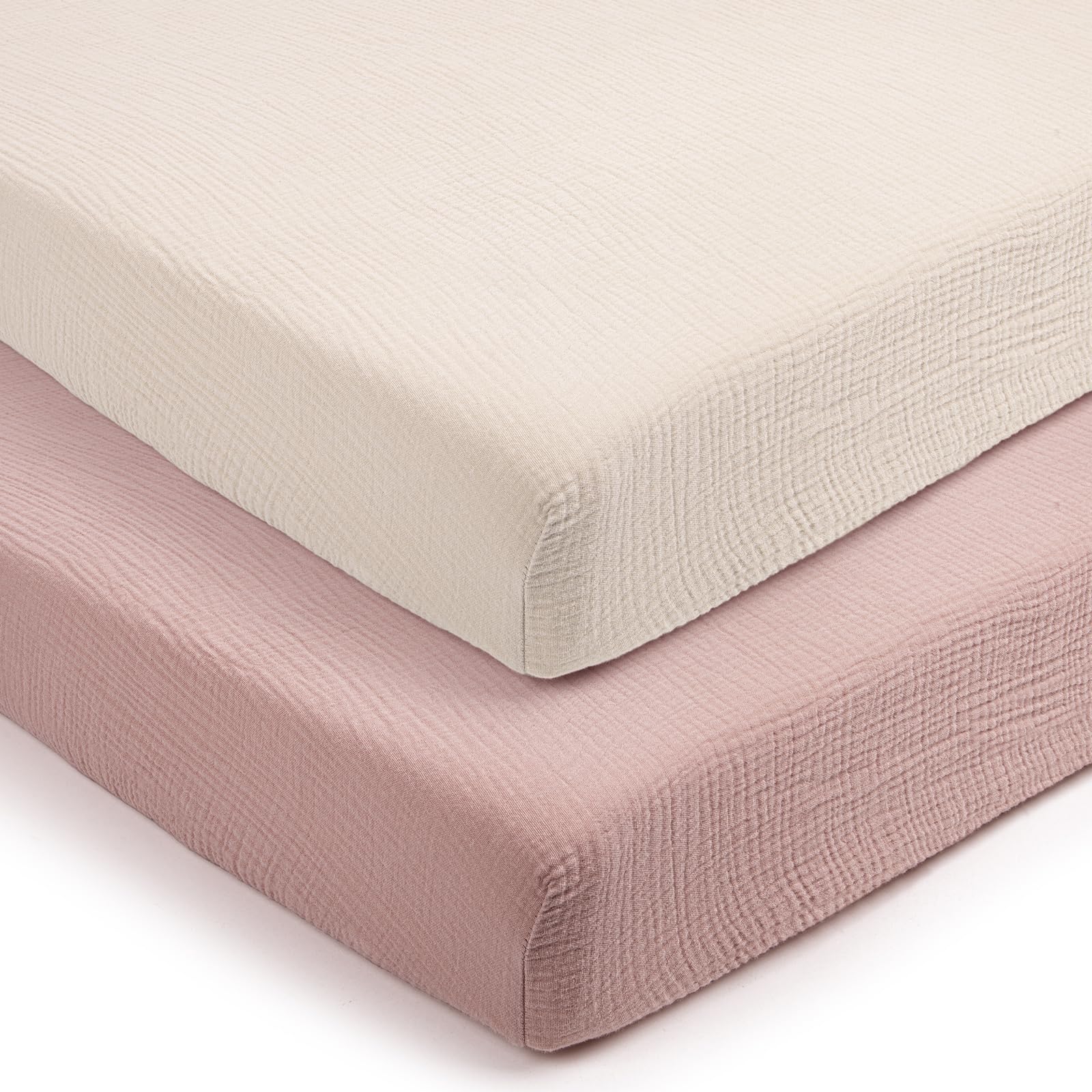 Lulumoon fitted pack and play sheets showcase soft muslin for breathable, comfy naps.