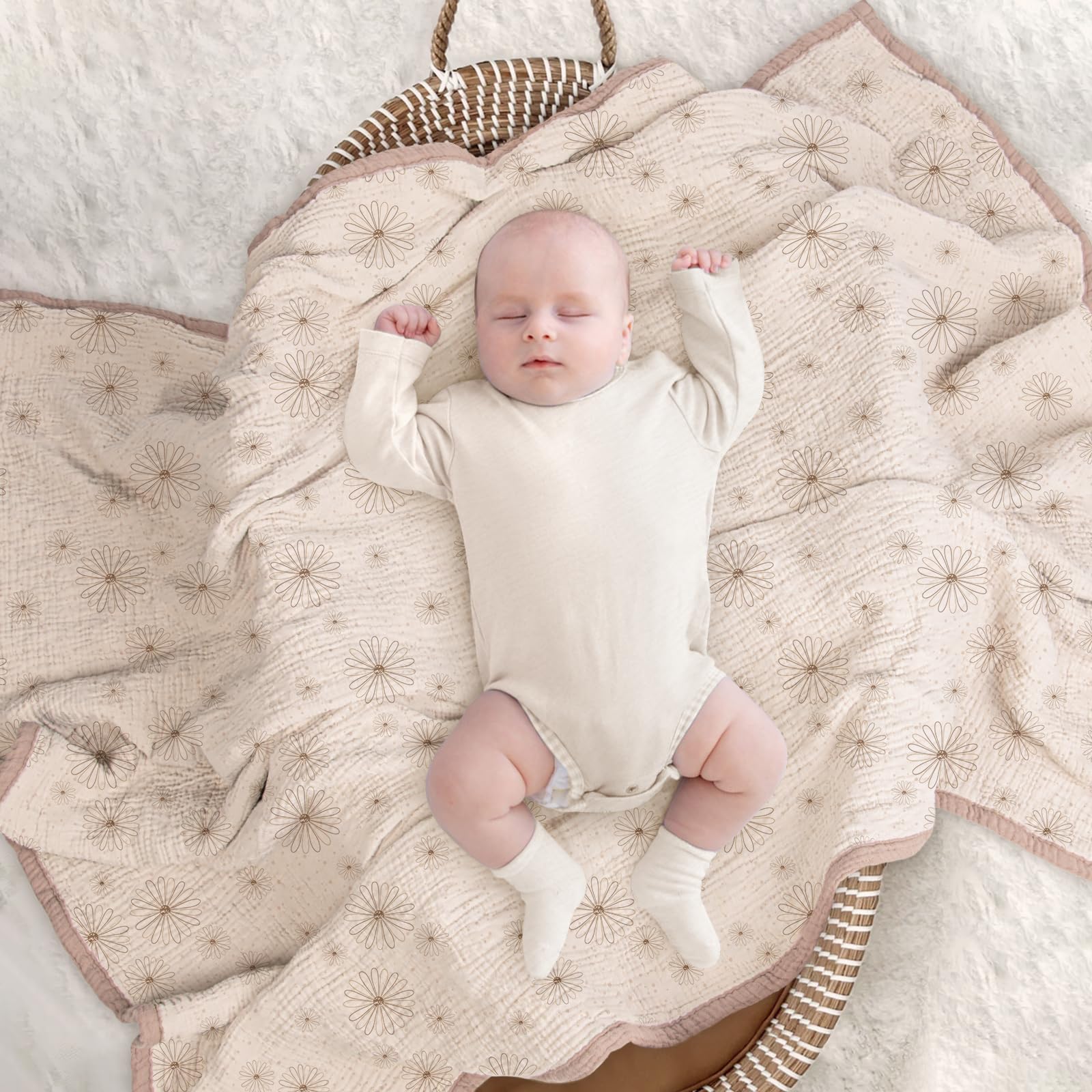 lulumoon gift-packaged muslin blanket sand daisy
