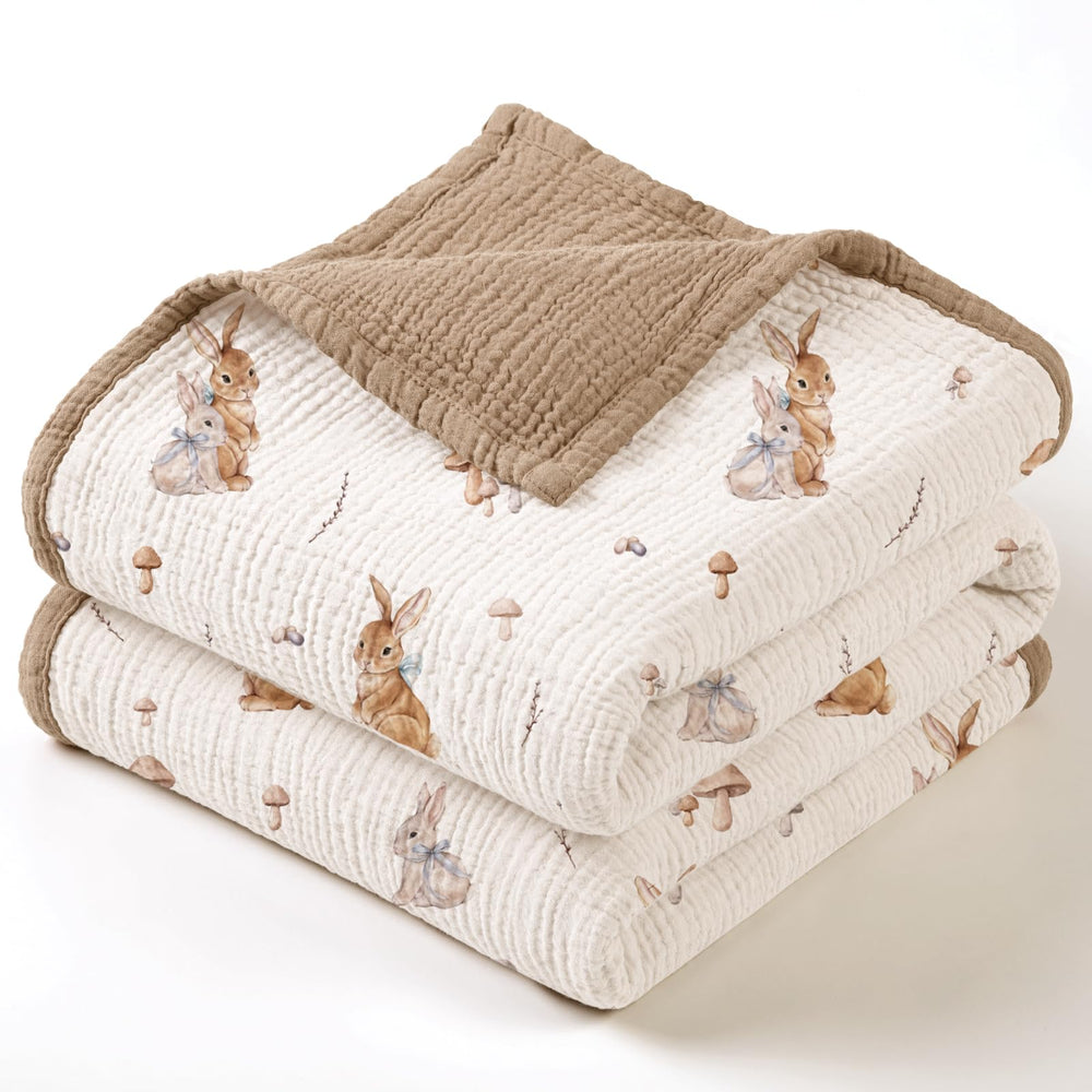 lulumoon muslin baby blanket brown bunny folded for cozy snuggle and warmth
