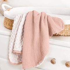 lulumoon muslin baby blanket pink back view shows cozy minky dot texture