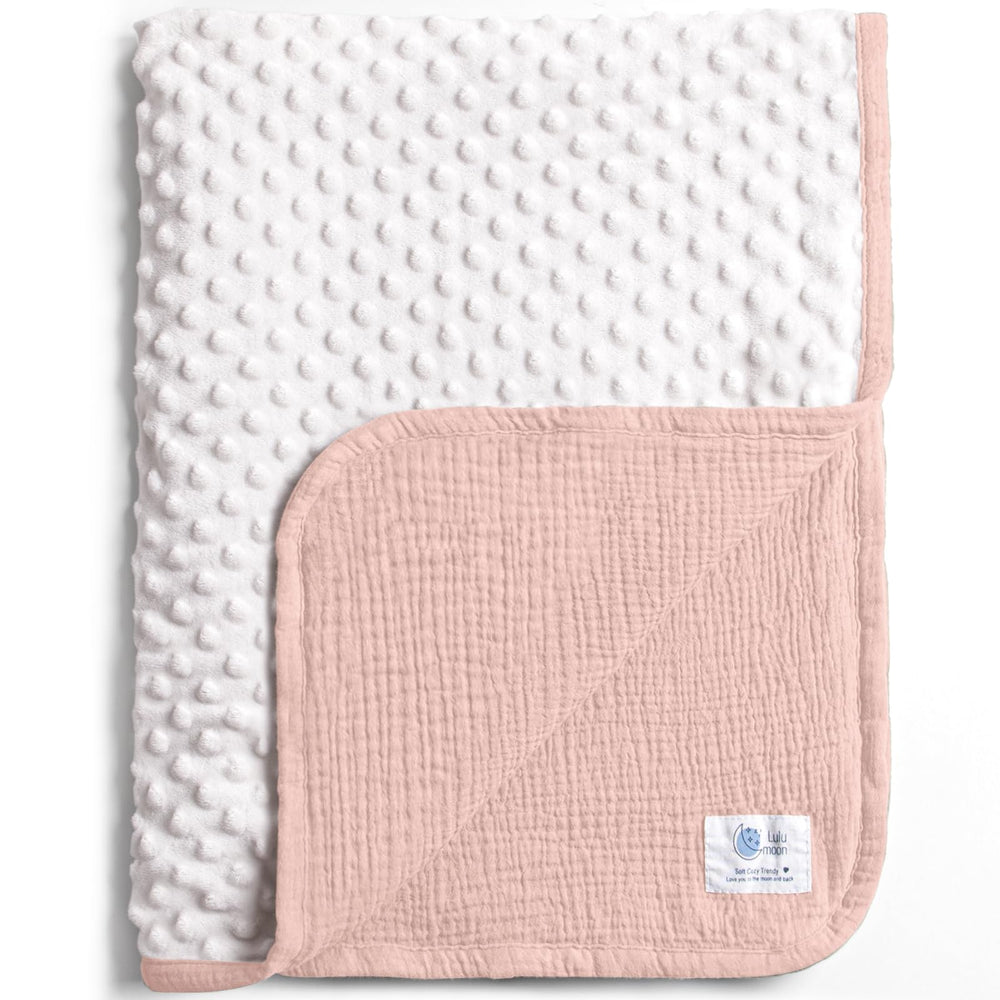 lulumoon muslin baby blanket pink front view with soft minky dots for soothing warmth