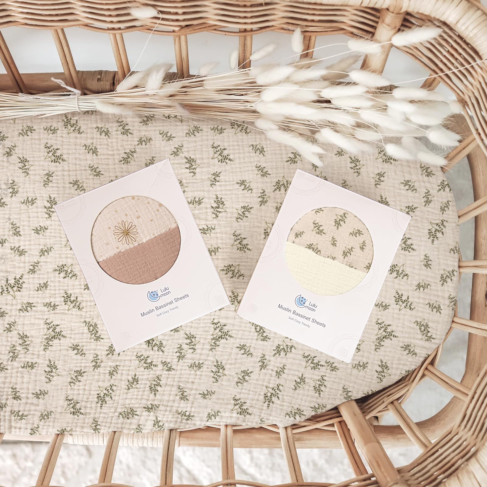lulumoon Muslin bassinet sheets boast boho patterns for unisex nursery style.