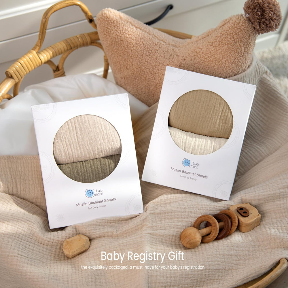 Lulumoon Muslin Bassinet Sheets hand-wash option supports gentle cleaning.