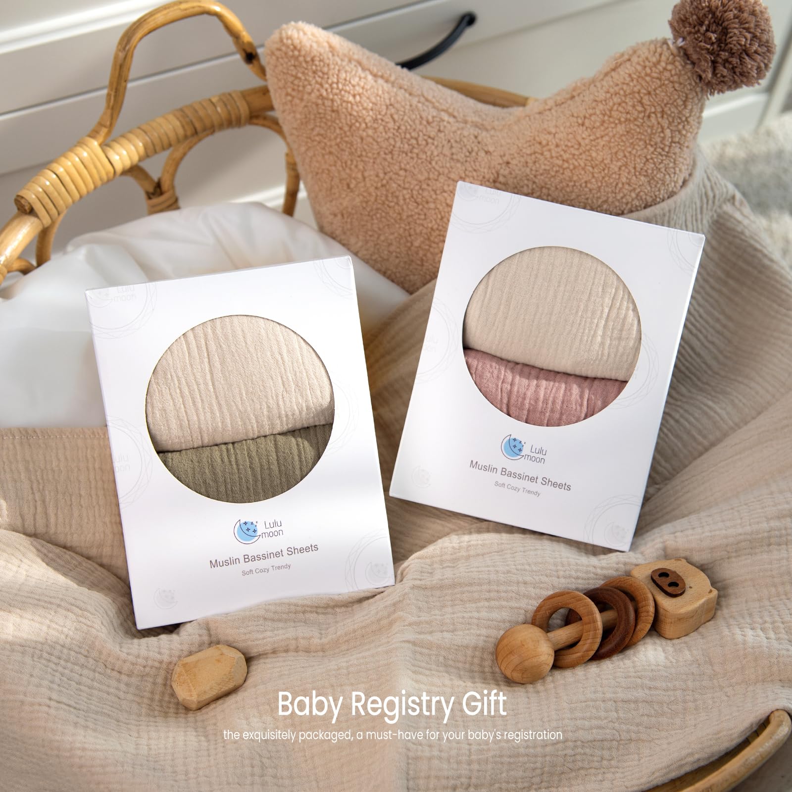 lulumoon muslin bassinet sheets neutral nursery setting coordinates with any baby room.