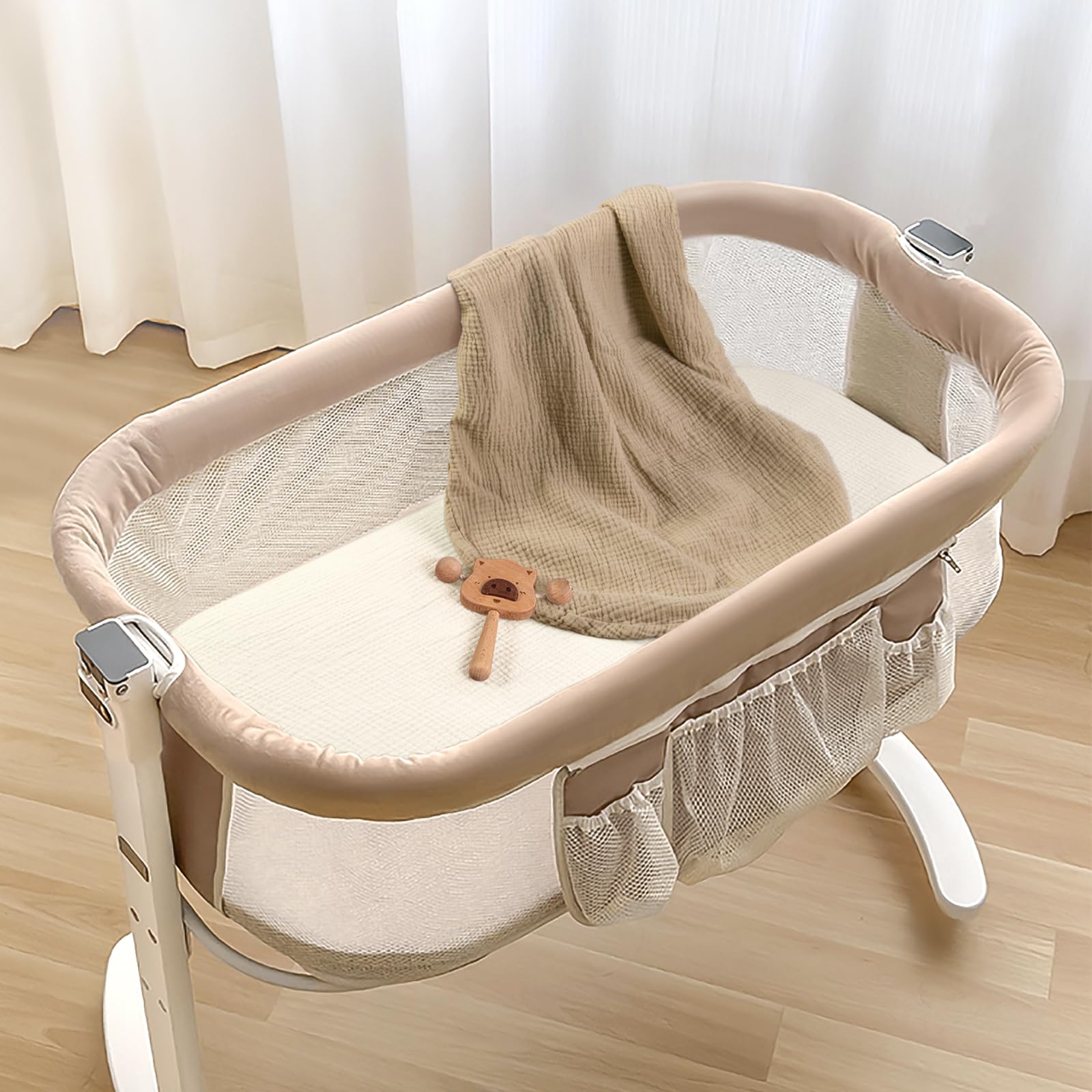 Lulumoon Muslin Bassinet Sheets nursery setup showcases cozy bedside sleeper compatibility.