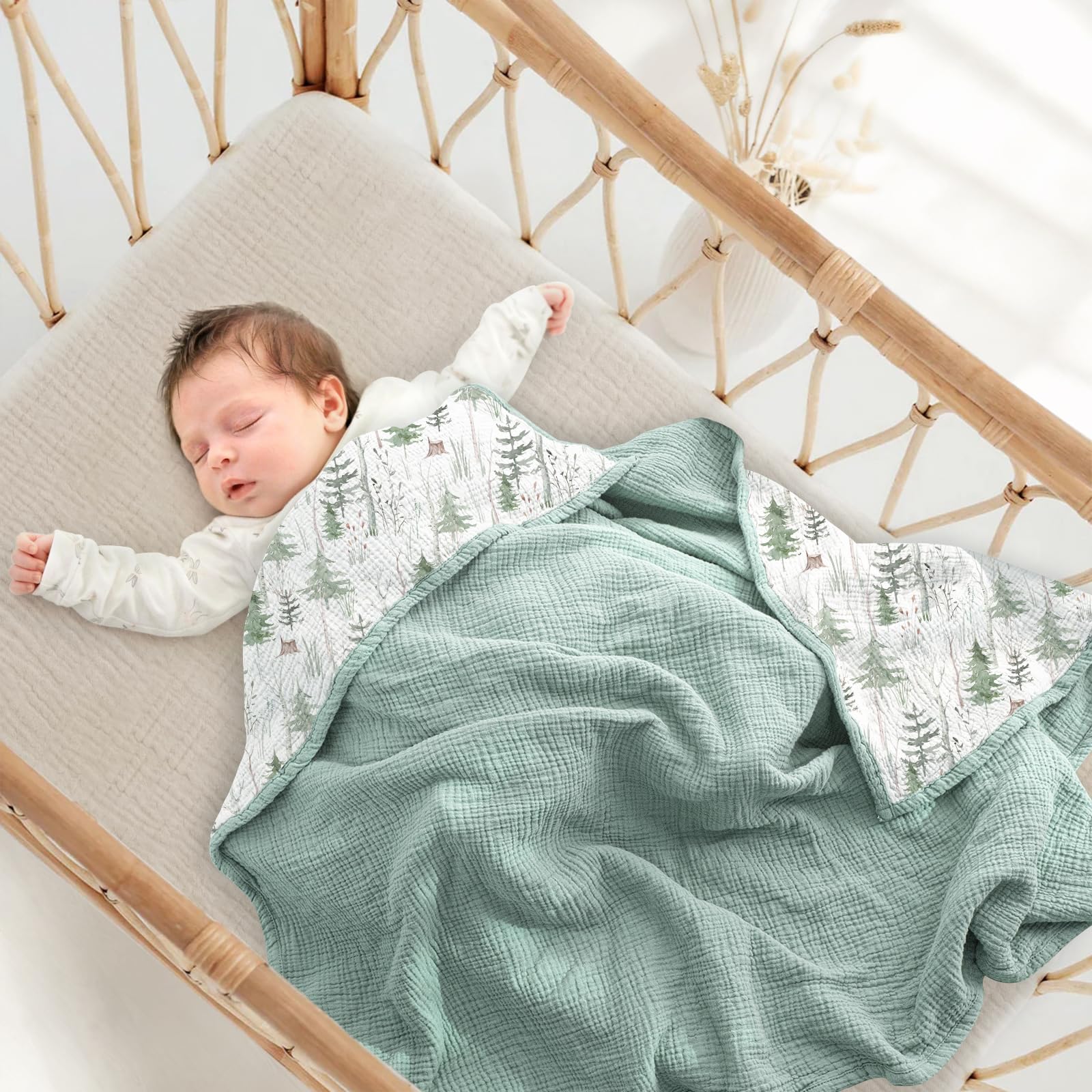 Lulumoon Muslin Blanket closeup shows breathable 4-layer fabric for newborn comfort
