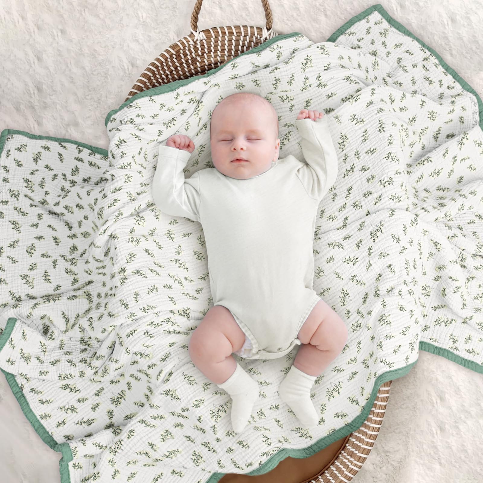 Four-layer muslin construction adds plushness and airflow.