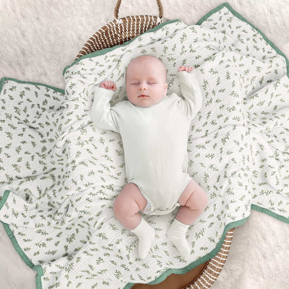Four-layer muslin construction adds plushness and airflow.