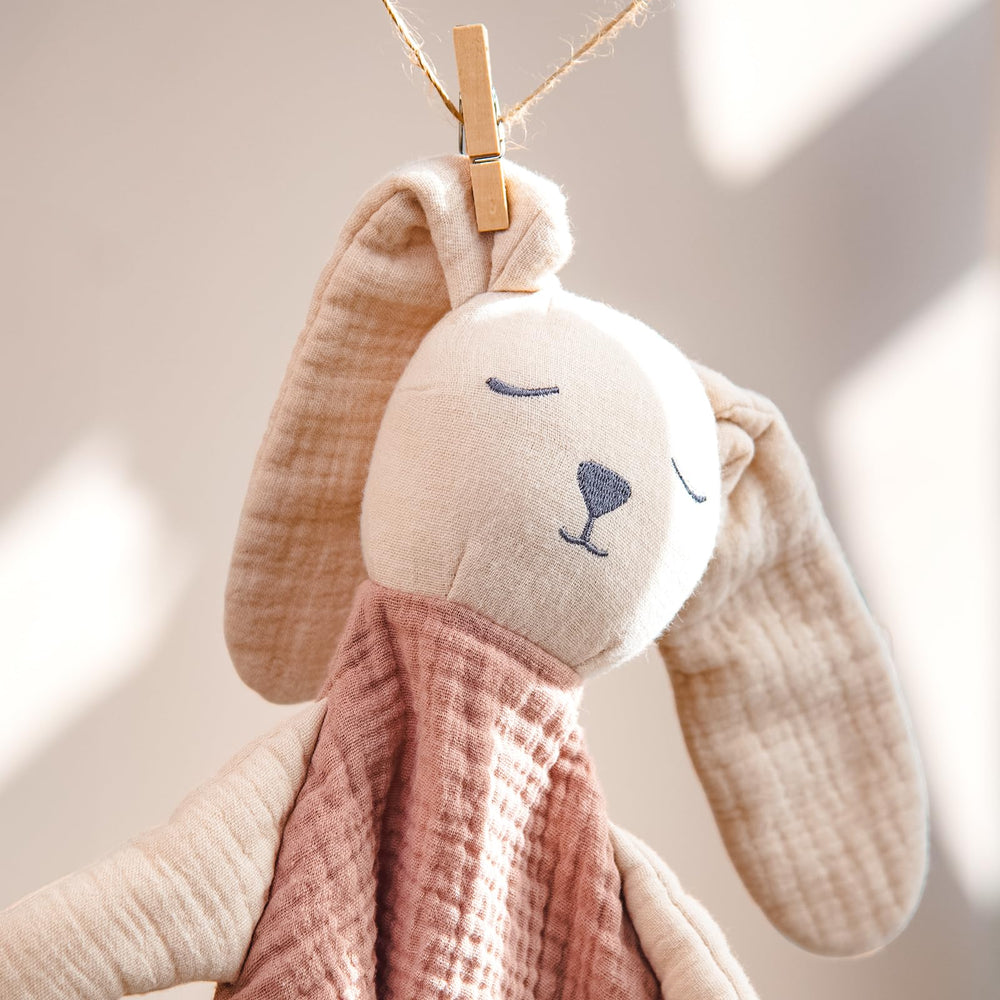 Lulumoon Muslin Bunny Lovey crib-time use for secure snuggles.