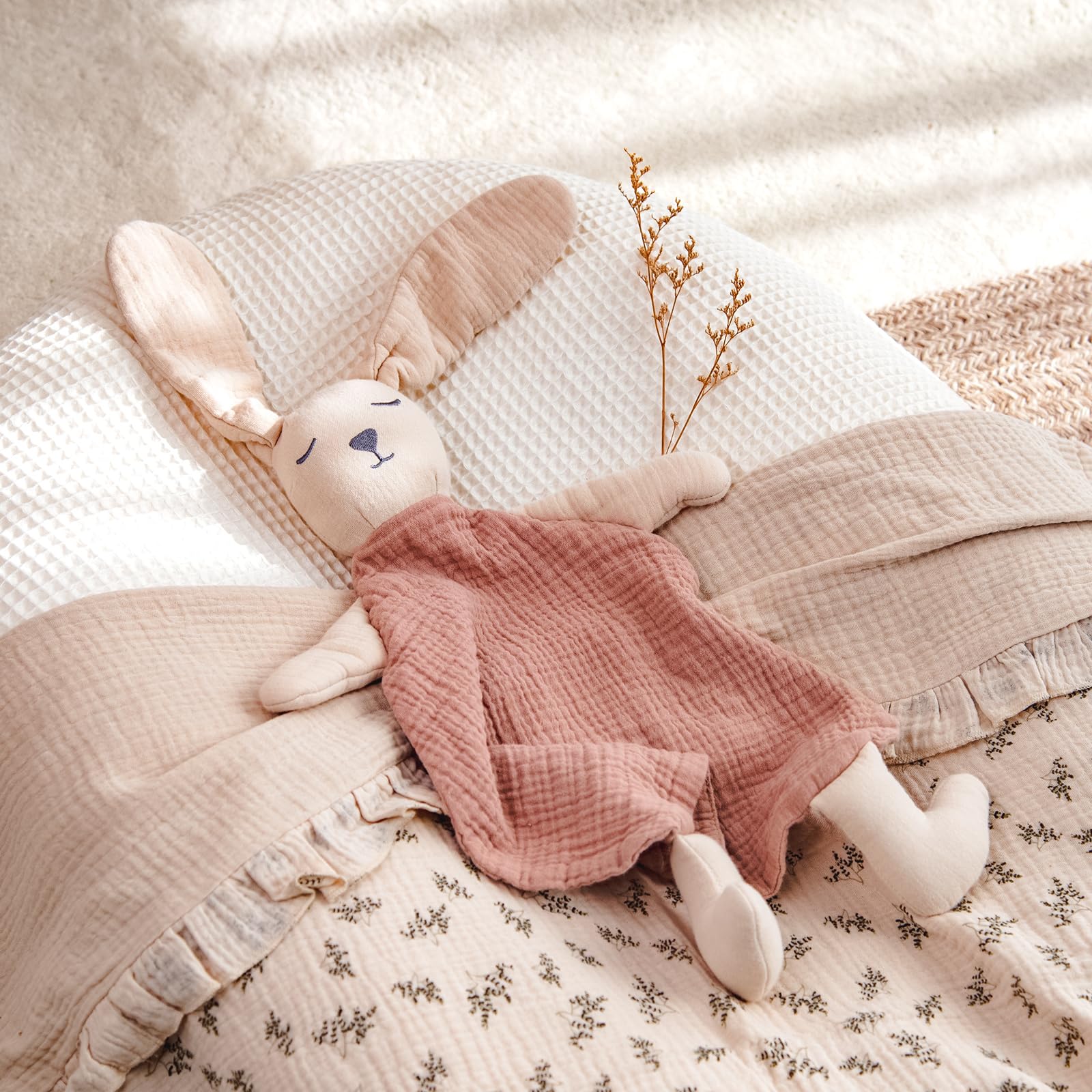 Lulumoon Muslin Bunny Lovey travel-friendly design for on-the-go comfort.