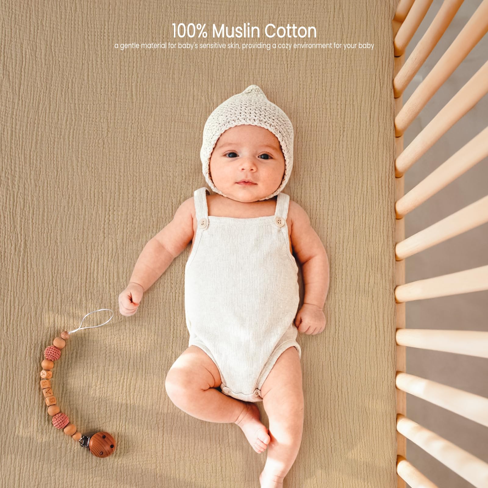 Lulu Moon muslin crib sheets in a nursery setup for cohesive design and practicality