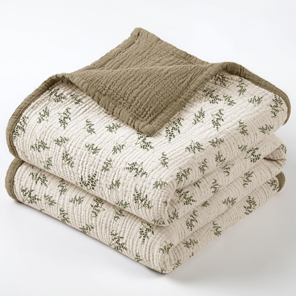 lulumoon olive tree muslin quilt closeup, ultra-soft fabric for baby sleep