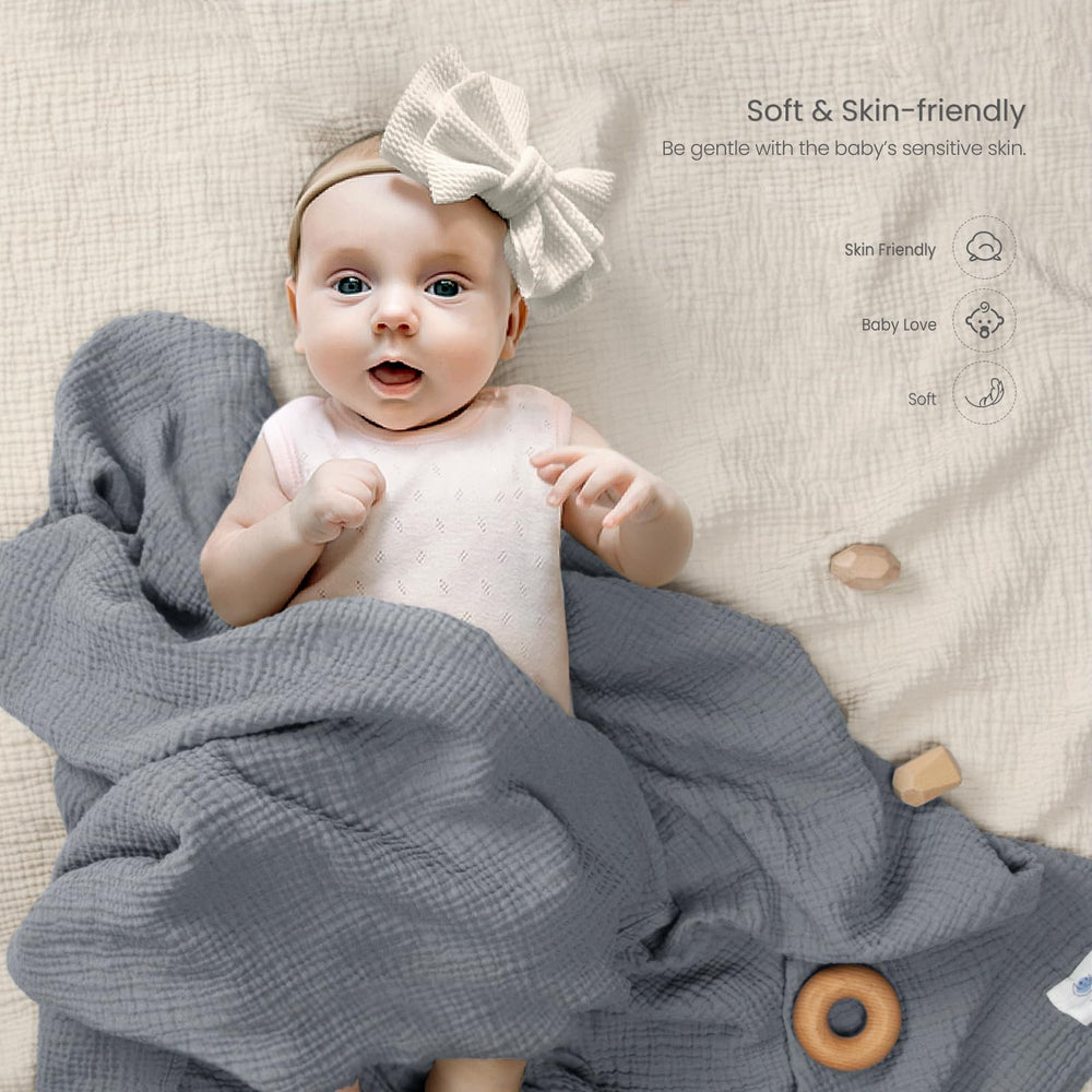 Lulumoon Muslin Swaddle 3-pack display with neutral grey and green colors for gifting