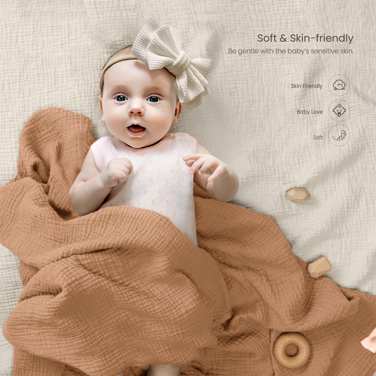 lulumoon muslin swaddle blanket caramel baby wrapped demonstrates snug wrap for calm, sleep-ready moments