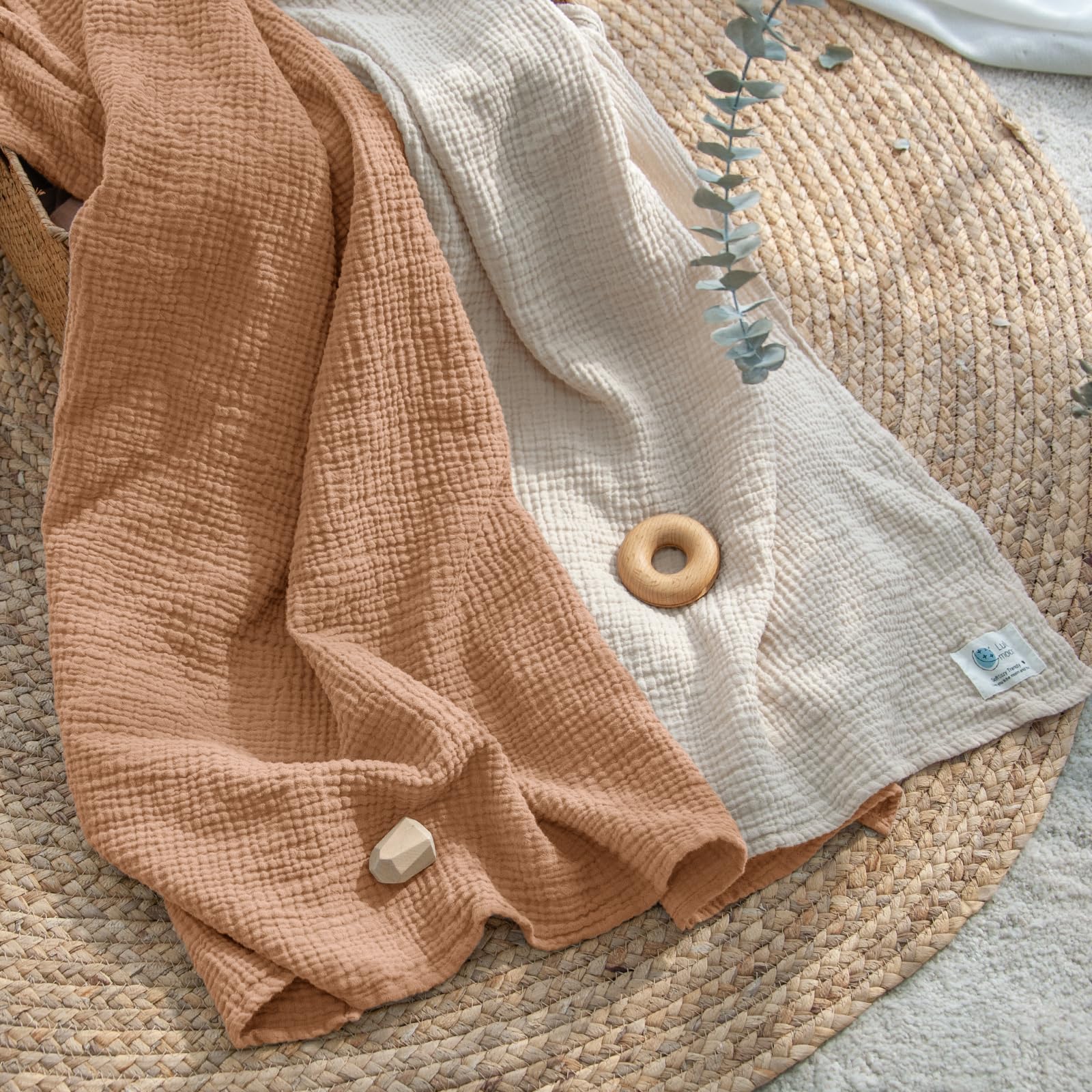 lulumoon muslin swaddle blanket caramel stroller sun-shield demonstrates on-the-go comfort