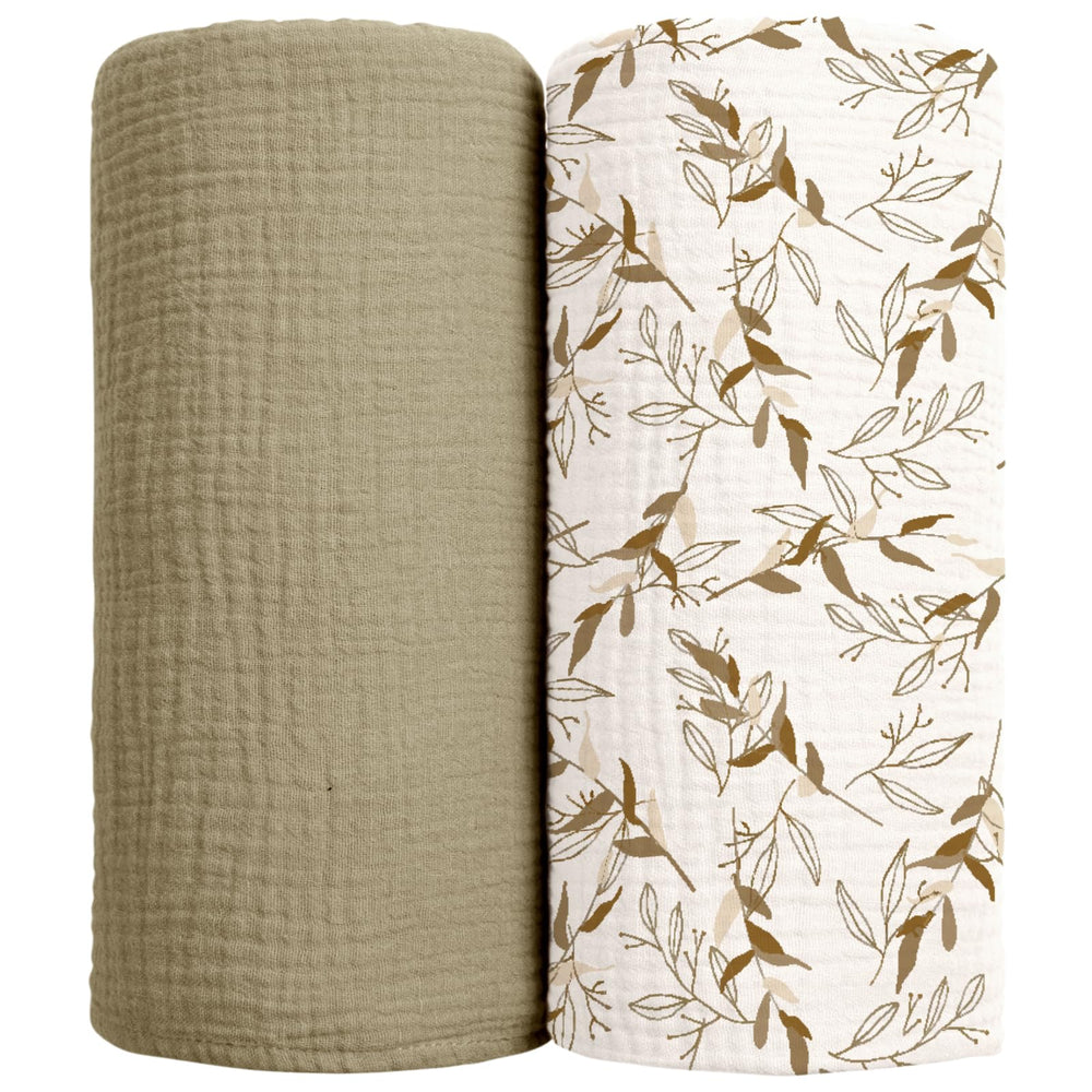 lulumoon muslin swaddle blanket olive branche close-up shows soft breathable cotton