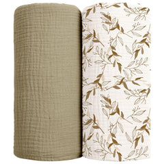lulumoon muslin swaddle blanket olive branche close-up shows soft breathable cotton