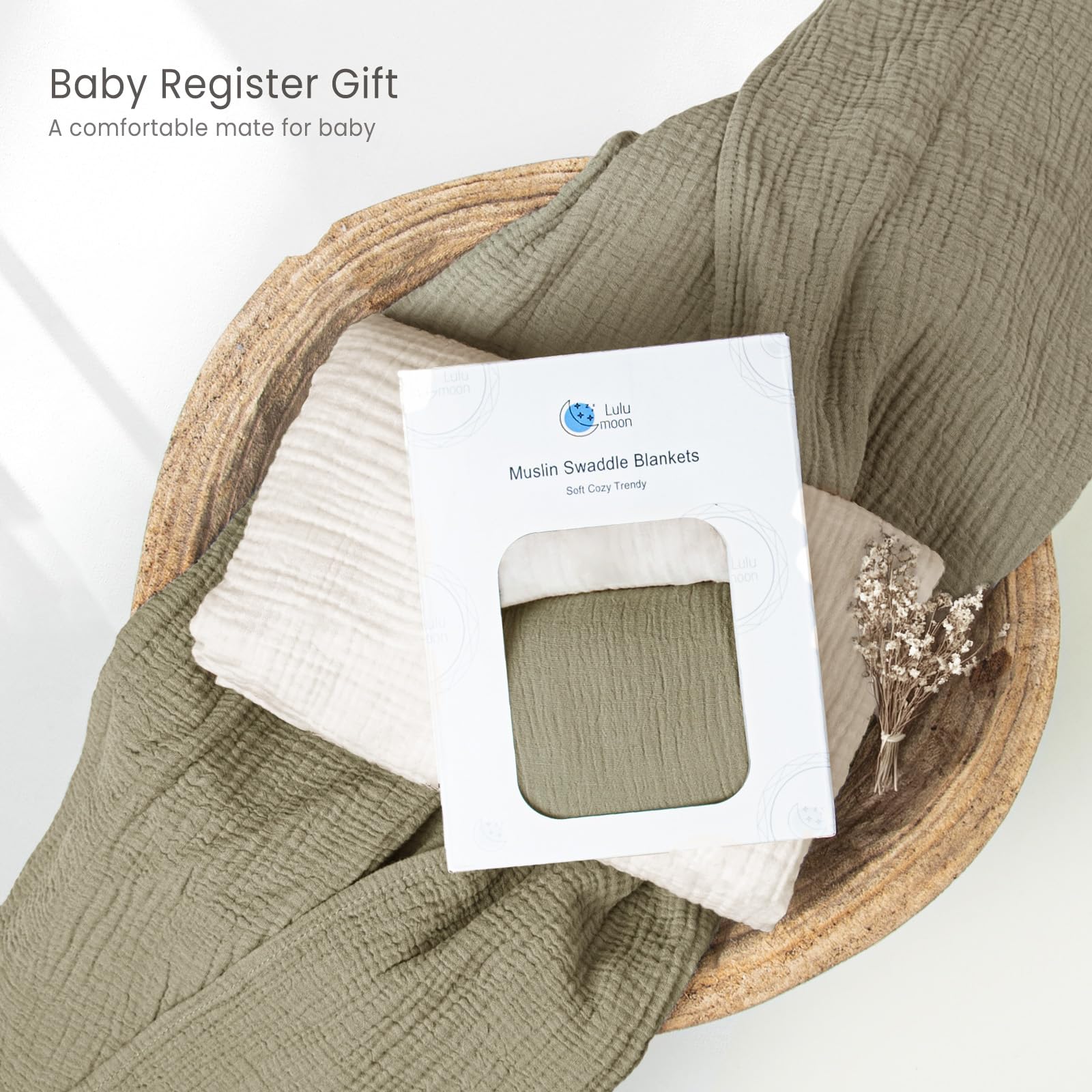 lulumoon muslin swaddle olive quilt-like softness for all-season comfort.