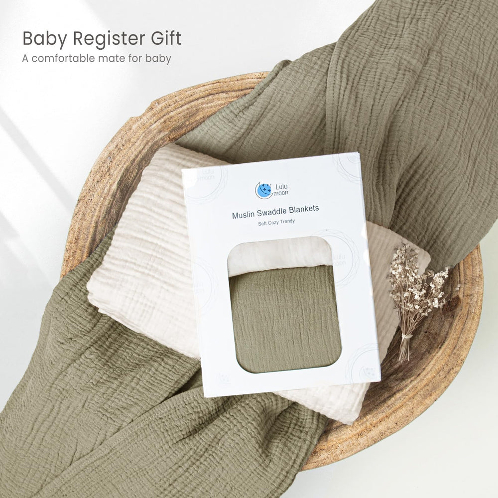 lulumoon muslin swaddle olive quilt-like softness for all-season comfort.