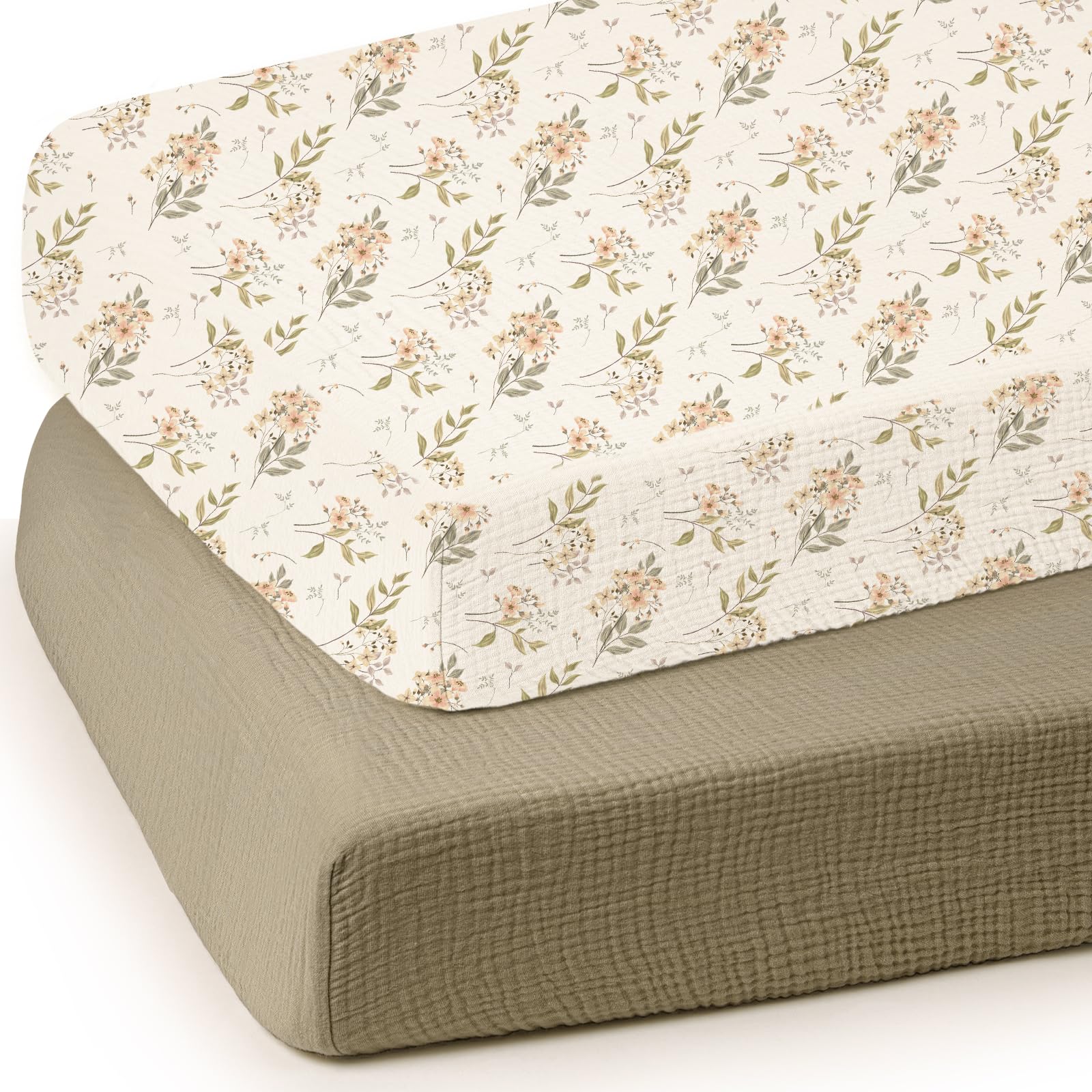 Lulumoon olive floral crib sheet closeup showing soft muslin texture for baby skin