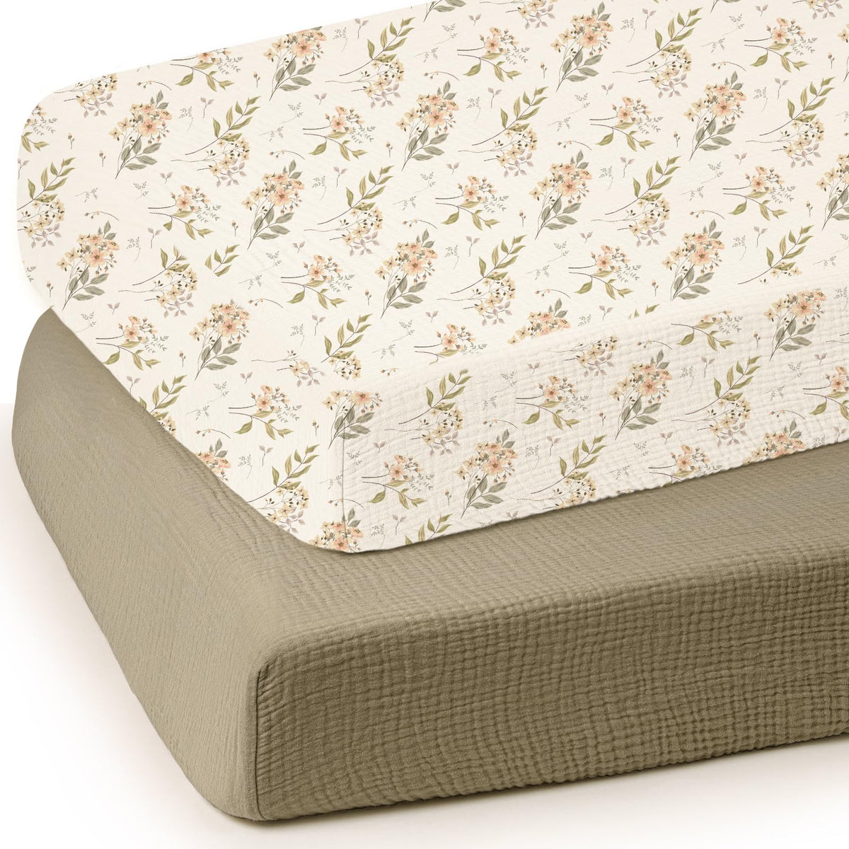 Lulumoon olive floral crib sheet closeup showing soft muslin texture for baby skin