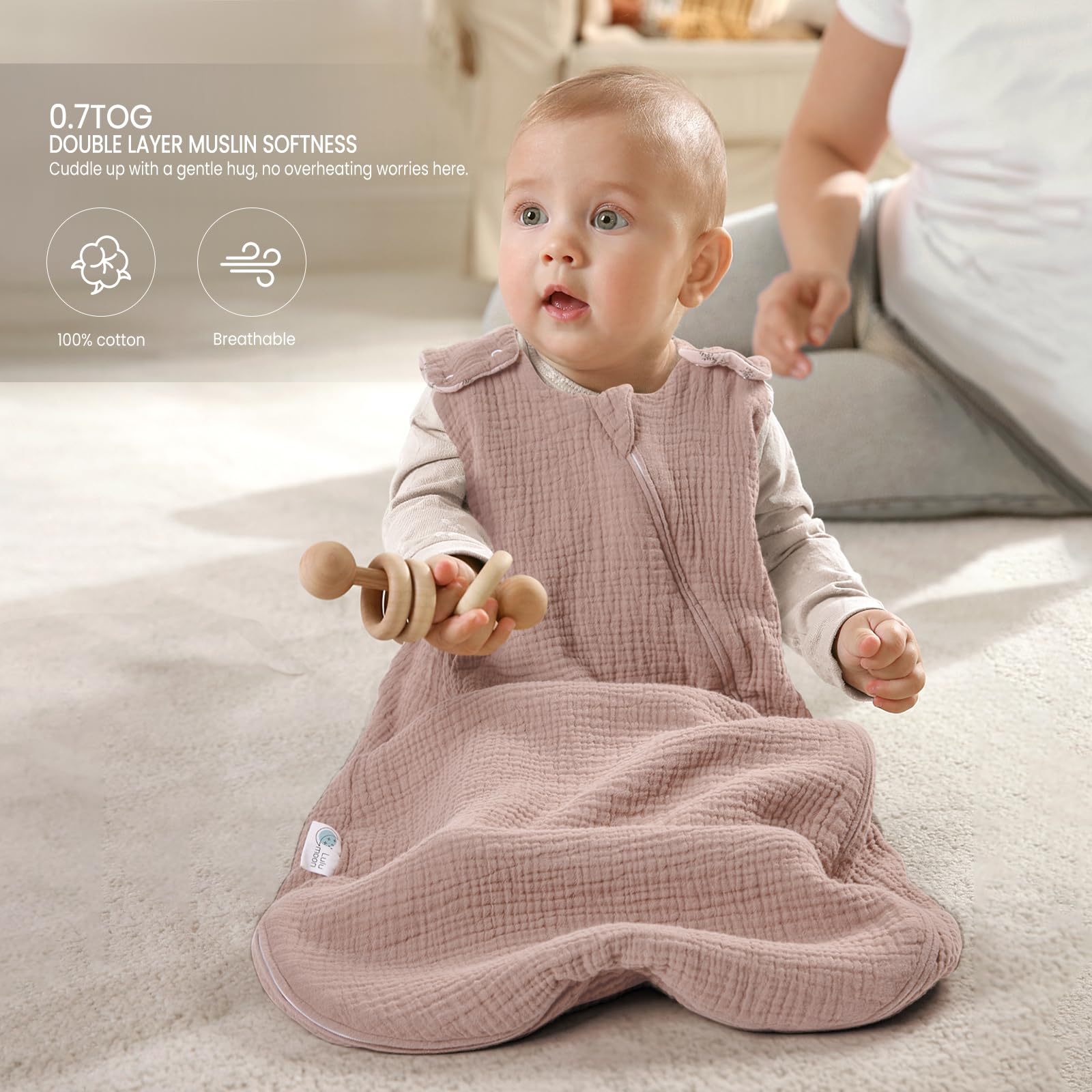 Lulumoon Sleep Sack Muslin nursery-ready design complements any room.