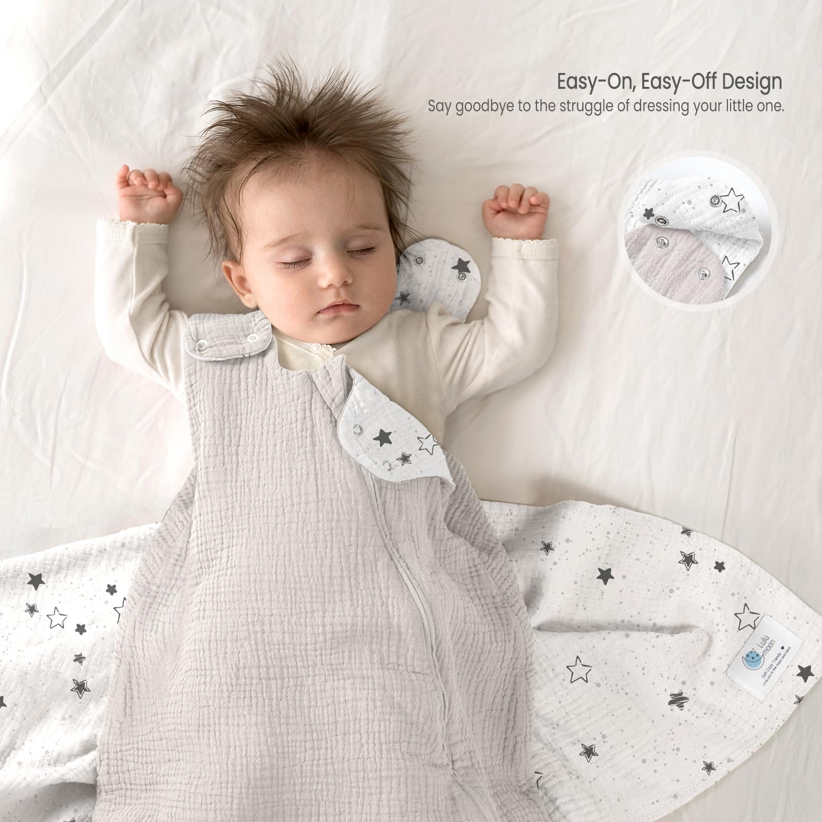 Lulumoon Sleep Sack Muslin close-up of double-layer fabric for year-round comfort.