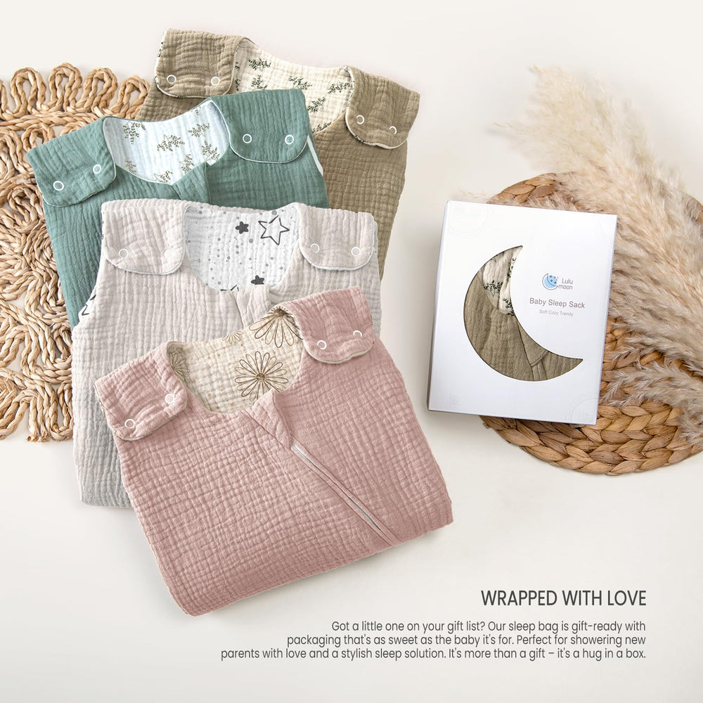 Lulumoon Sleep Sack Muslin twig-pattern interior adds subtle style