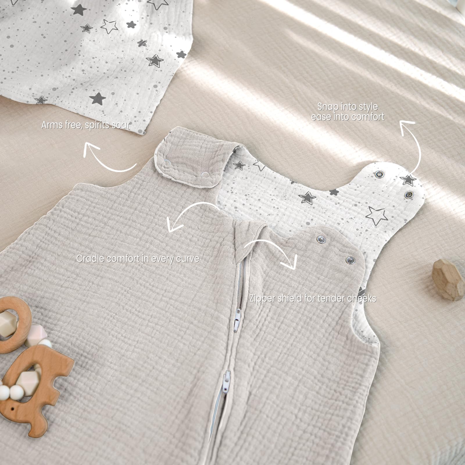 Lulumoon Sleep Sack Muslin machine washable for easy nursery care.
