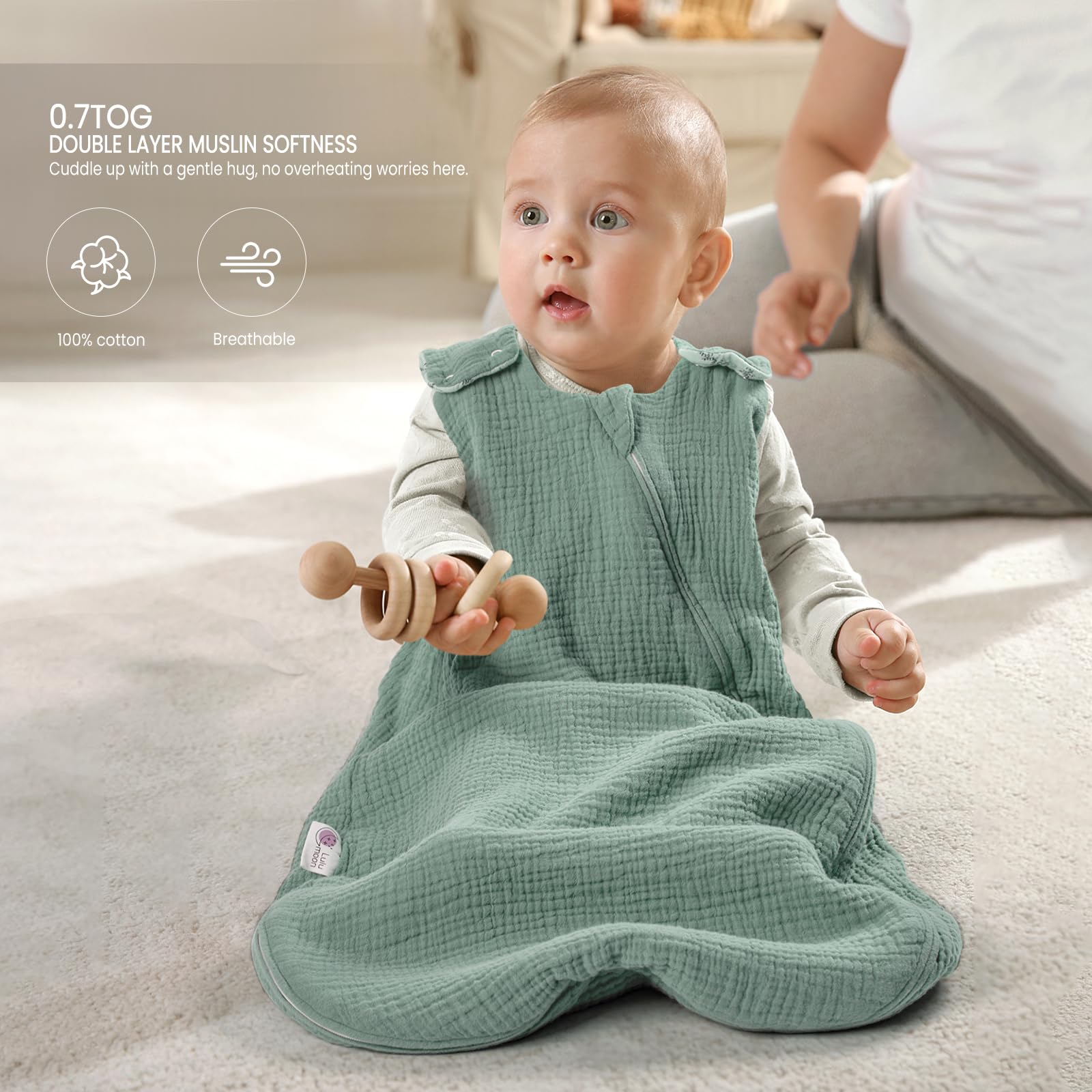 Lulumoon Sleep Sack Muslin neutral hues blend with any nursery decor.