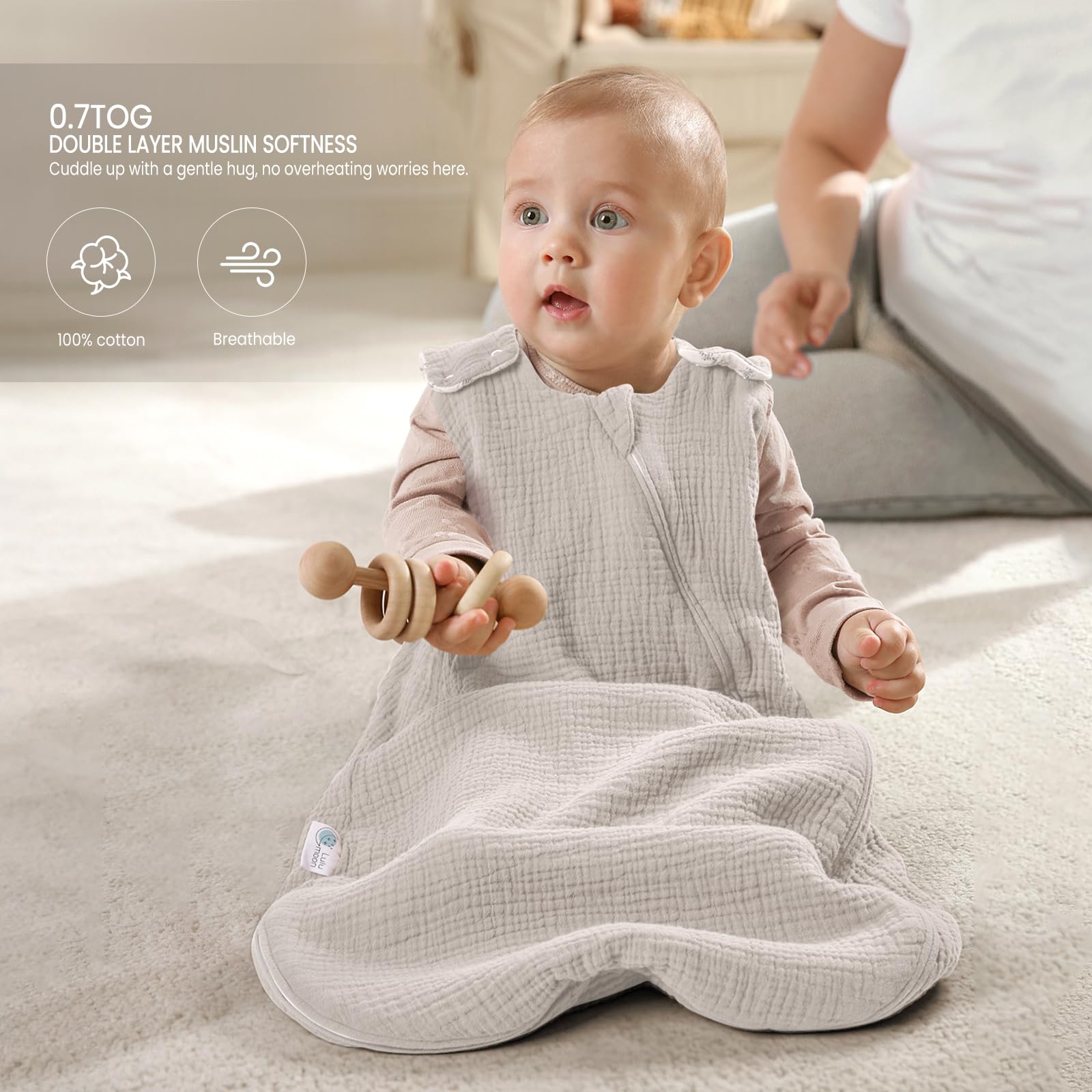 lulumoon Sleep Sack Muslin neutral hue fits nursery decor