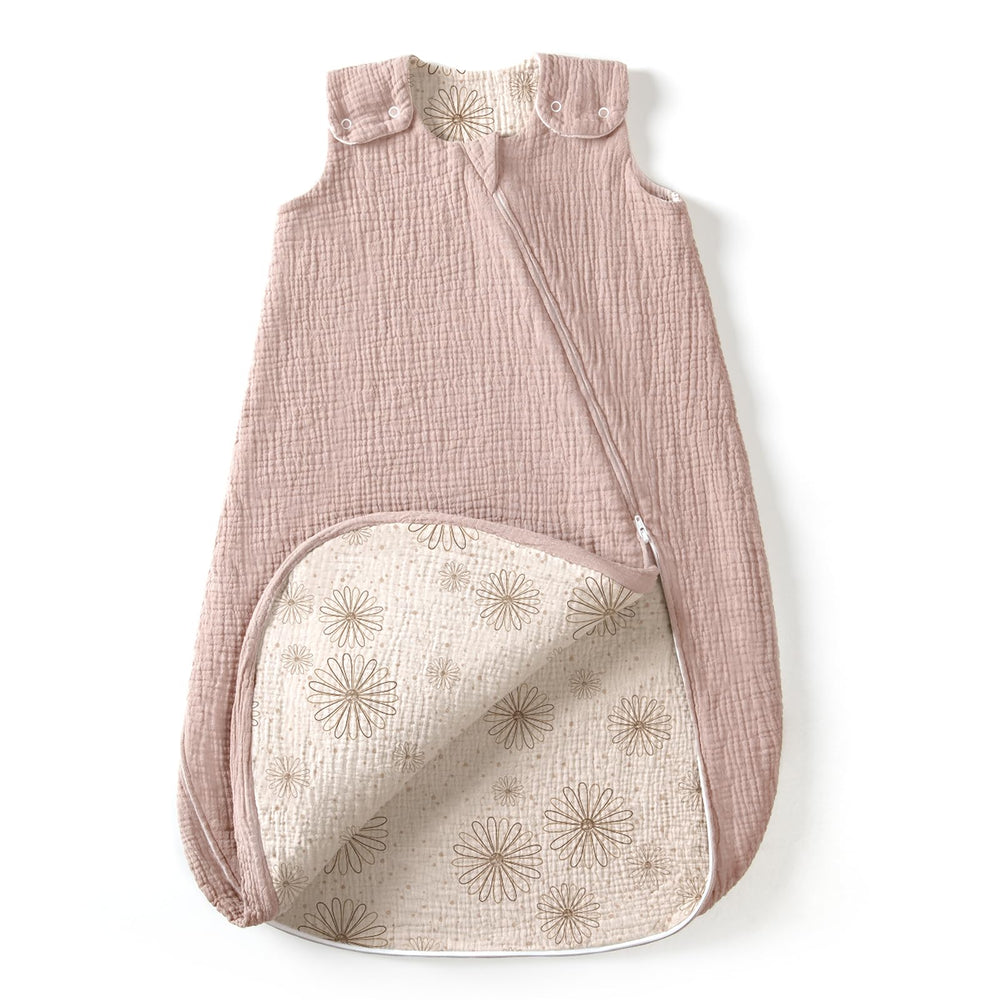 lulumoon Sleep Sack Muslin sanddaisy closeup highlights year-round breathable comfort.