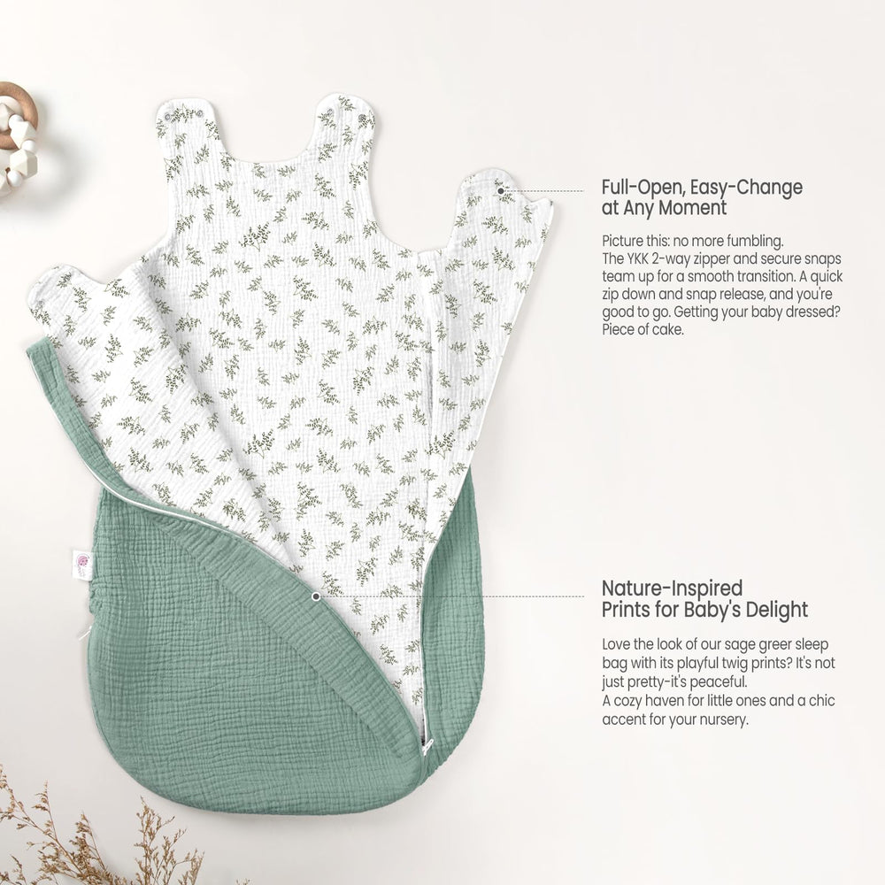 Lulumoon Sleep Sack Muslin Spacious Bottom supports baby’s movement during play and rest.
