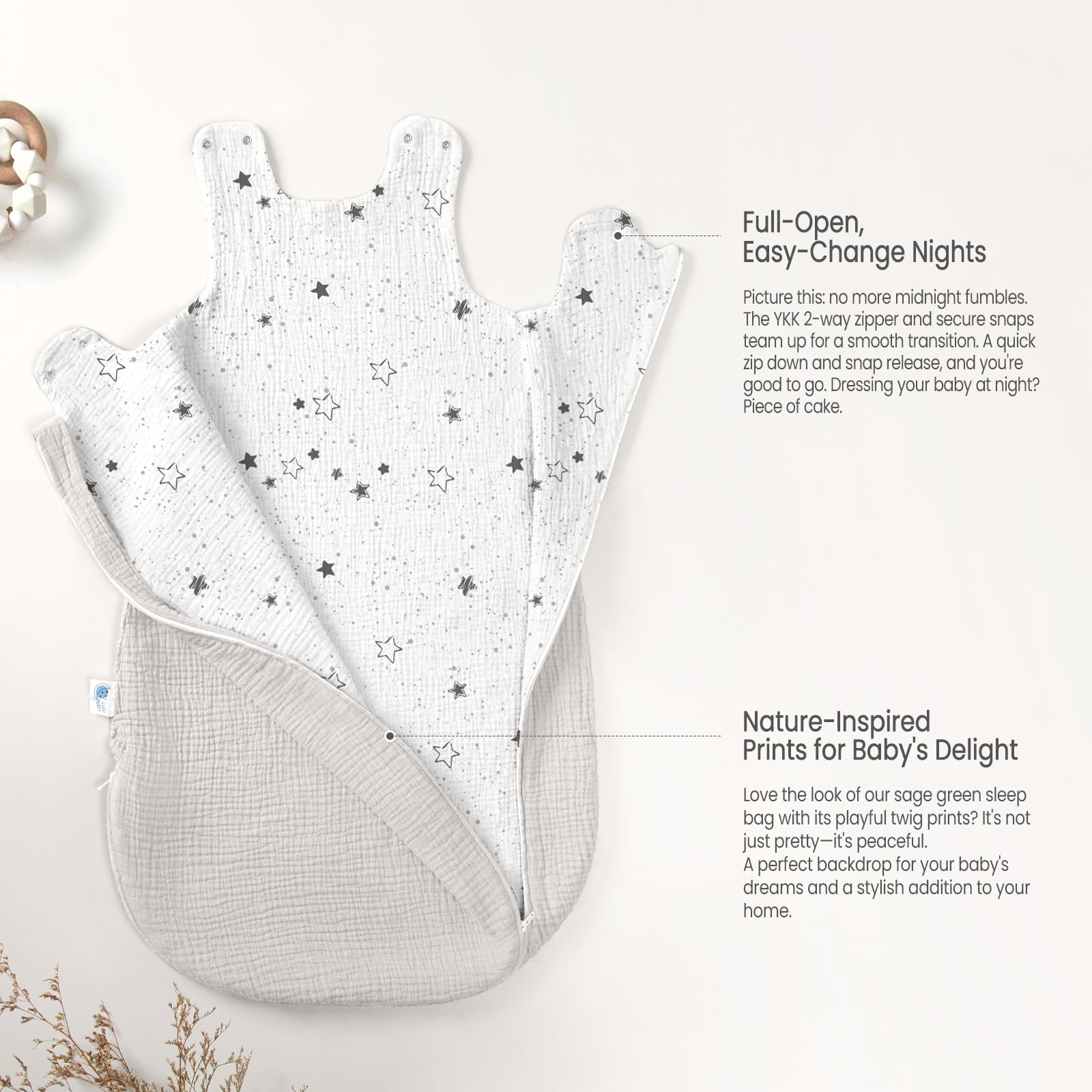 lulumoon Sleep Sack Muslin spacious bottom supports playful movement