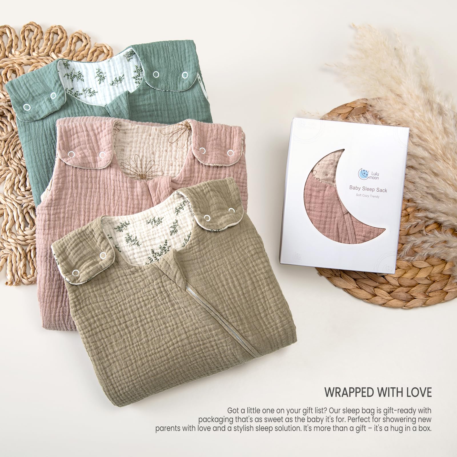 lulumoon Sleep Sack Muslin neutral-hues closeup fits any decor.