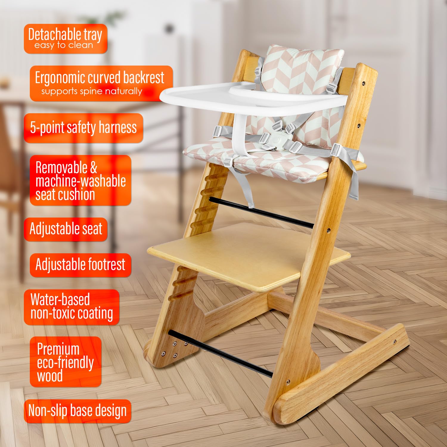 lulunemo wooden high chair height adjustment demonstrates growing with child